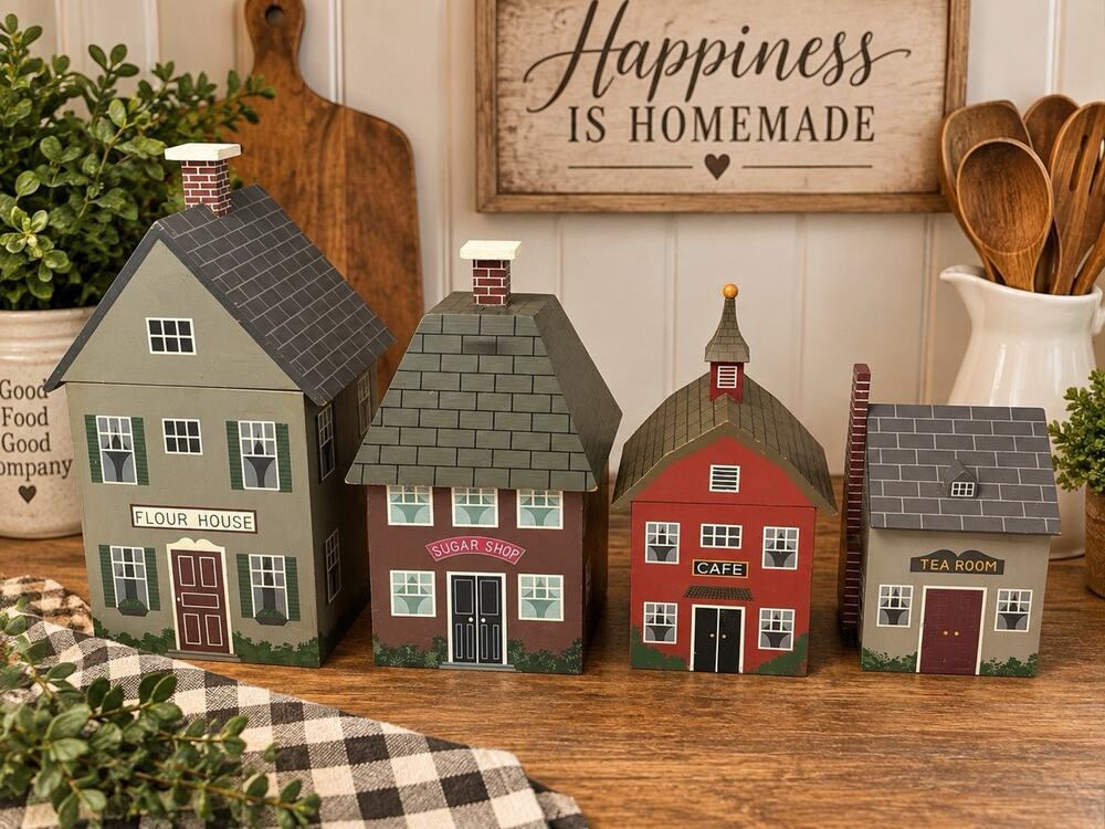 Vintage House Shaped Kitchen Canister Set of 4 Wood Village w/ Plastic Liners